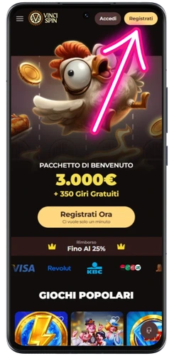 Pulsante Registrati sulla home di VinciSpin casino per avviare l'iscrizione dall'Italia