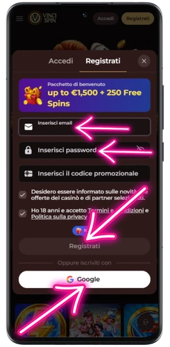 Modulo di registrazione VinciSpin con email, password e accesso rapido tramite Google