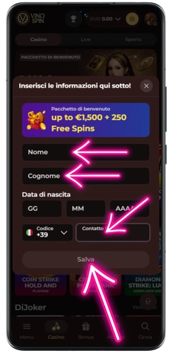 Inserimento di nome, cognome e numero con prefisso +39 su VinciSpin casino