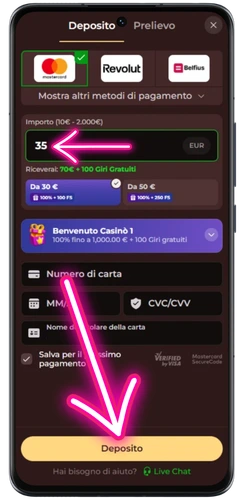 Schermata di deposito VinciSpin a partire da 10 EUR con il pacchetto di benvenuto